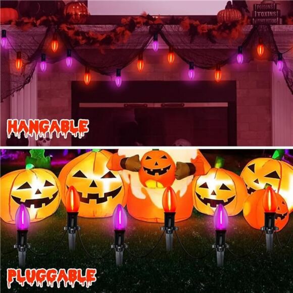 Halloween Pathway Lights, 10 Pack C9 LED Stake Lights with Purple & Orange - Picture 4 of 8